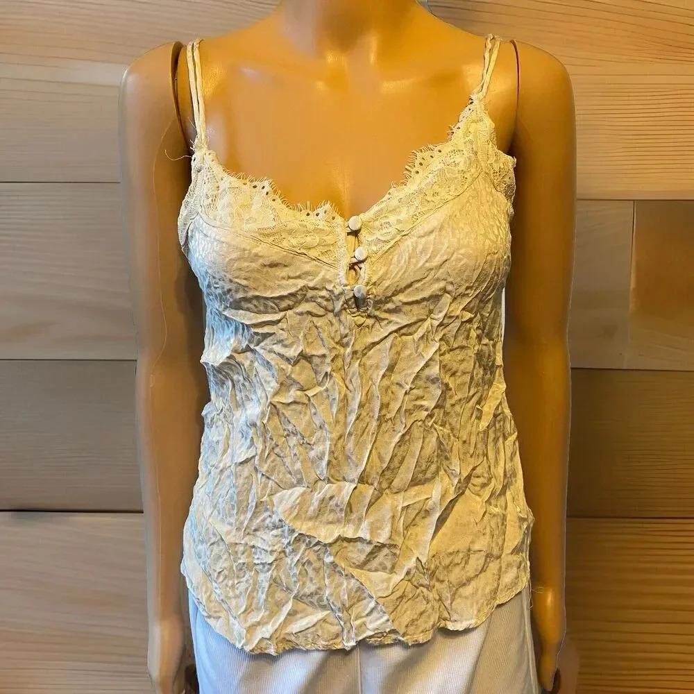 Y2k Abercrombie Silky Ivory Lace Crinkle Babydoll Camisole Tank Top Sz S Fairy